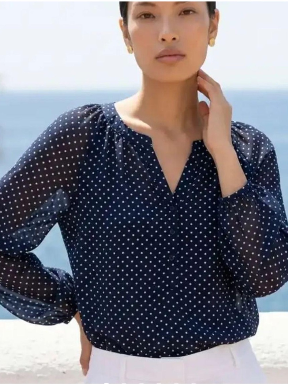 Liz Claiborne Navy Polka Dot Long Sleeve Blouse